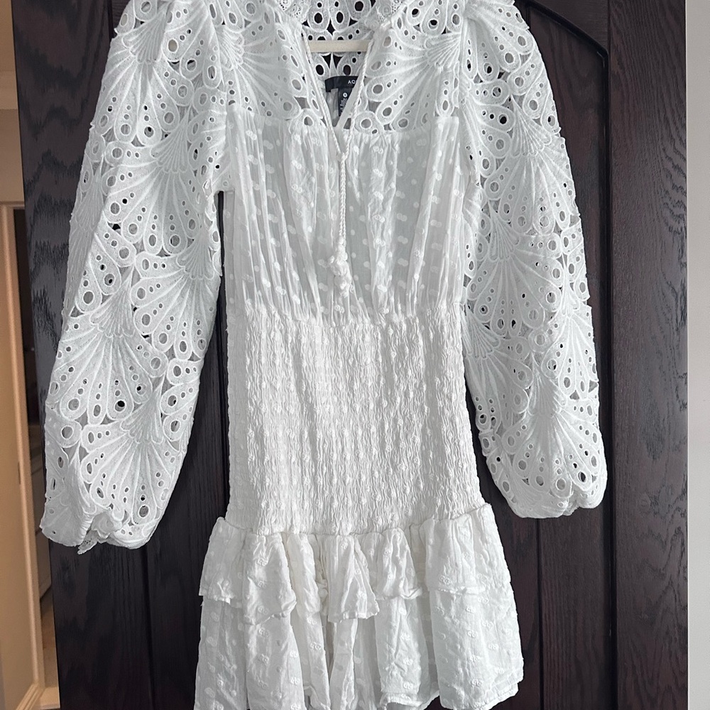 Aqua White Smocked Tiered Sundress with Bishop Sleeves - Picture 1 of 5